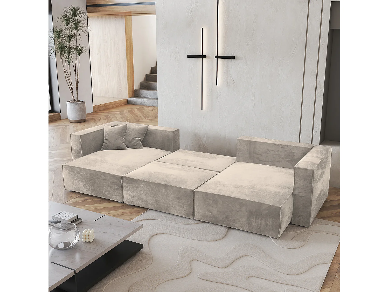 Canapé d'angle SARMO Crème en velours avec fonction de couchage