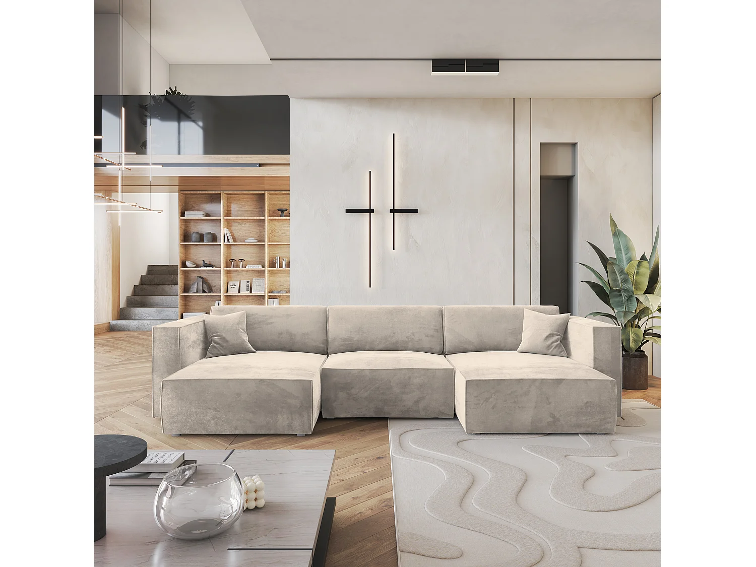 Canapé d'angle SARMO Crème en velours avec fonction de couchage