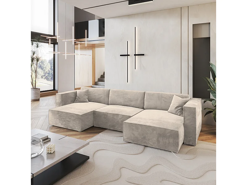 Canapé d'angle SARMO Crème en velours avec fonction de couchage