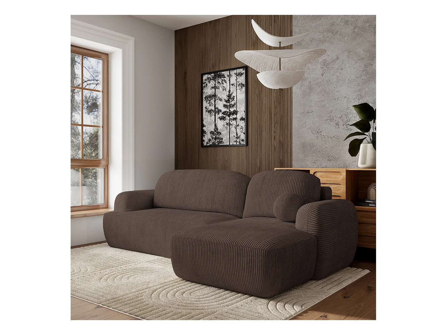 Canapé d'angle MODENZA Marron en velours côtelé avec fonction de couchage