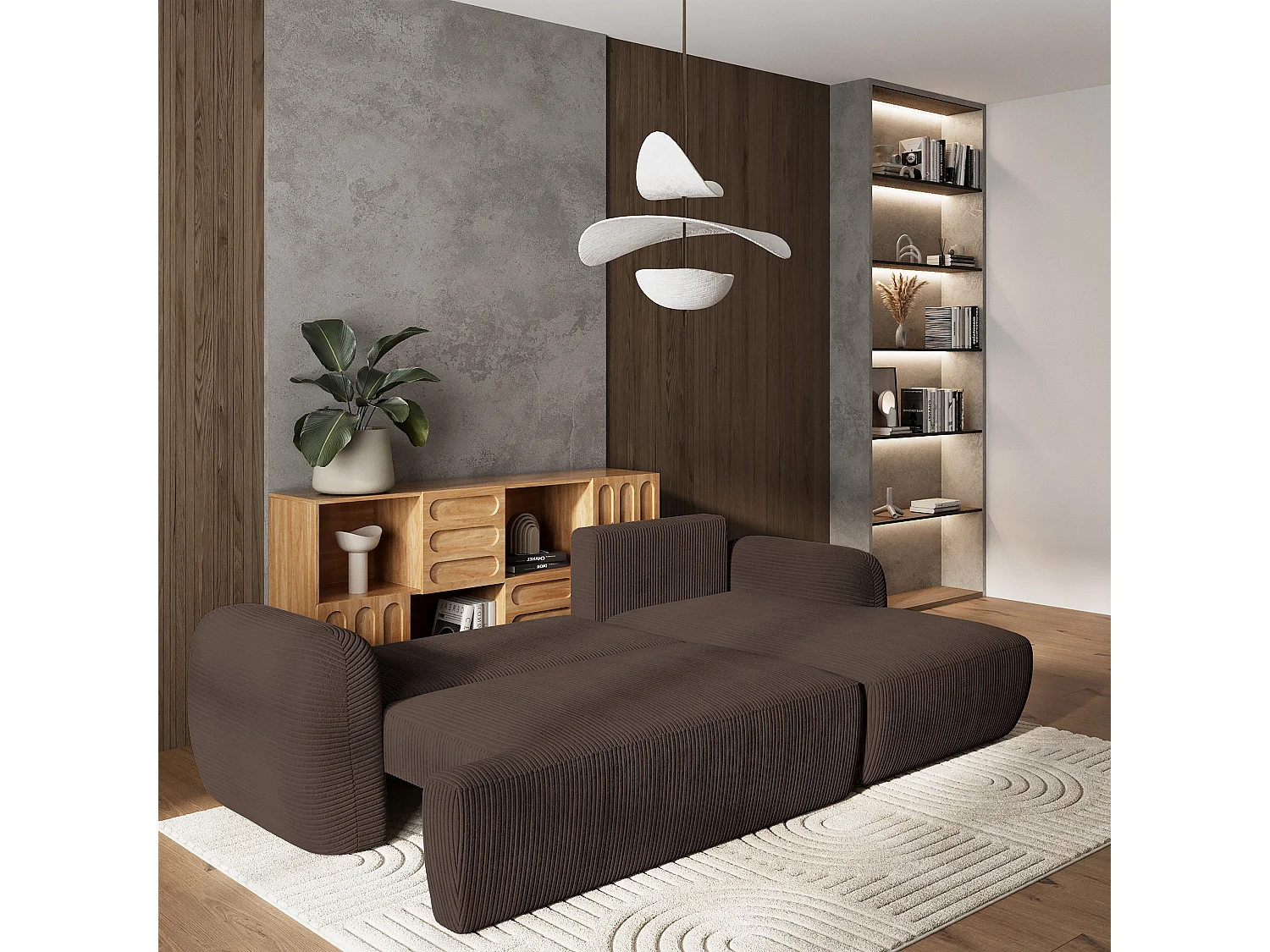 Canapé d'angle MODENZA Marron en velours côtelé avec fonction de couchage