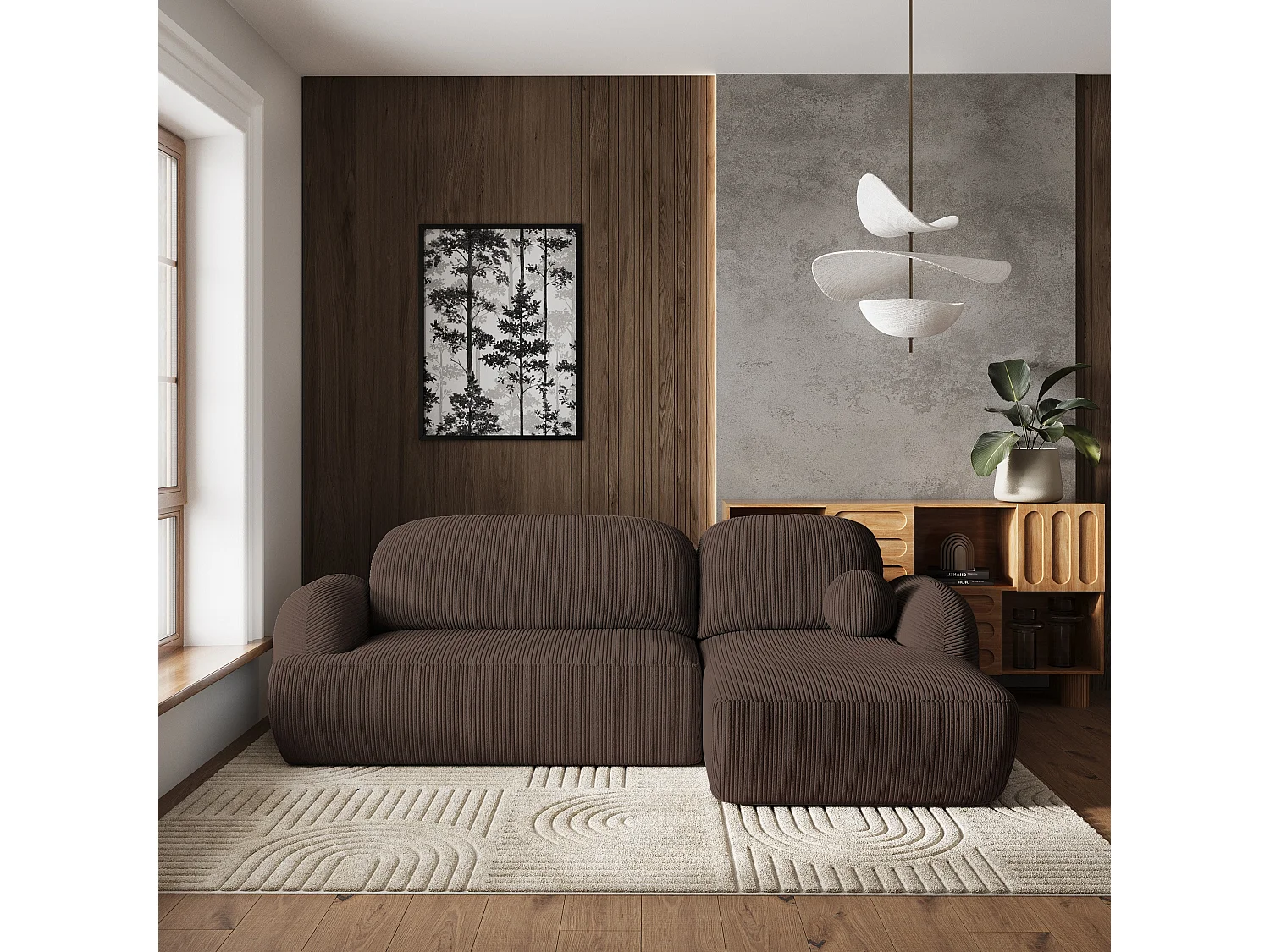 Canapé d'angle MODENZA Marron en velours côtelé avec fonction de couchage