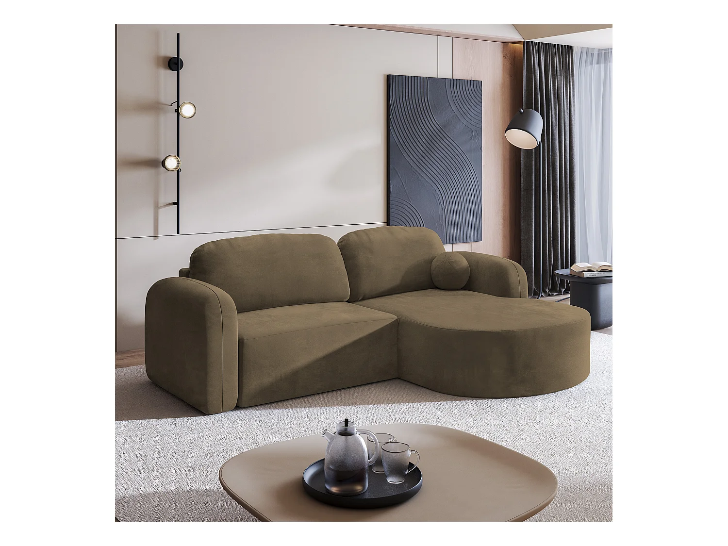 Canapé d'angle AMILIA Beige en velours avec fonction de couchage