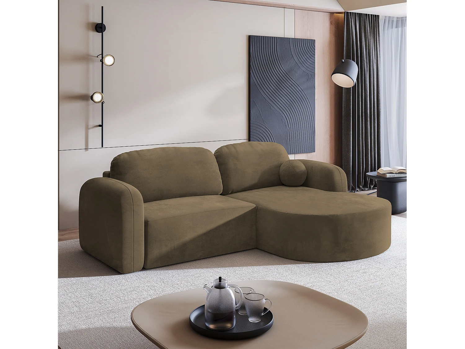 Canapé d'angle AMILIA Beige en velours avec fonction de couchage