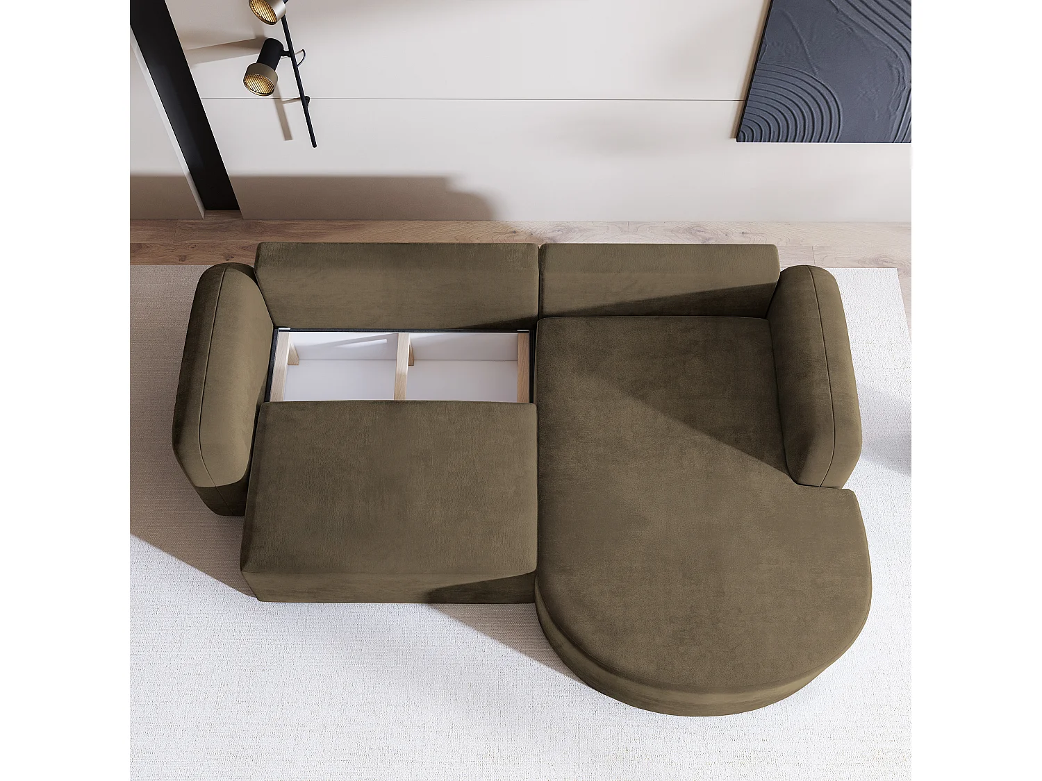 Canapé d'angle AMILIA Beige en velours avec fonction de couchage