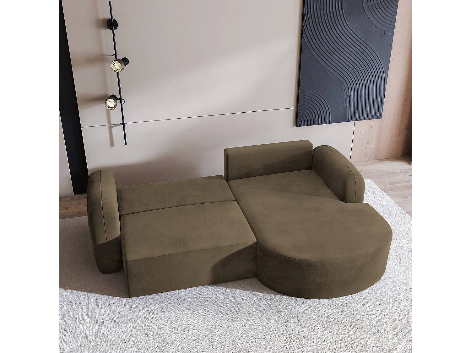 Canapé d'angle AMILIA Beige en velours avec fonction de couchage