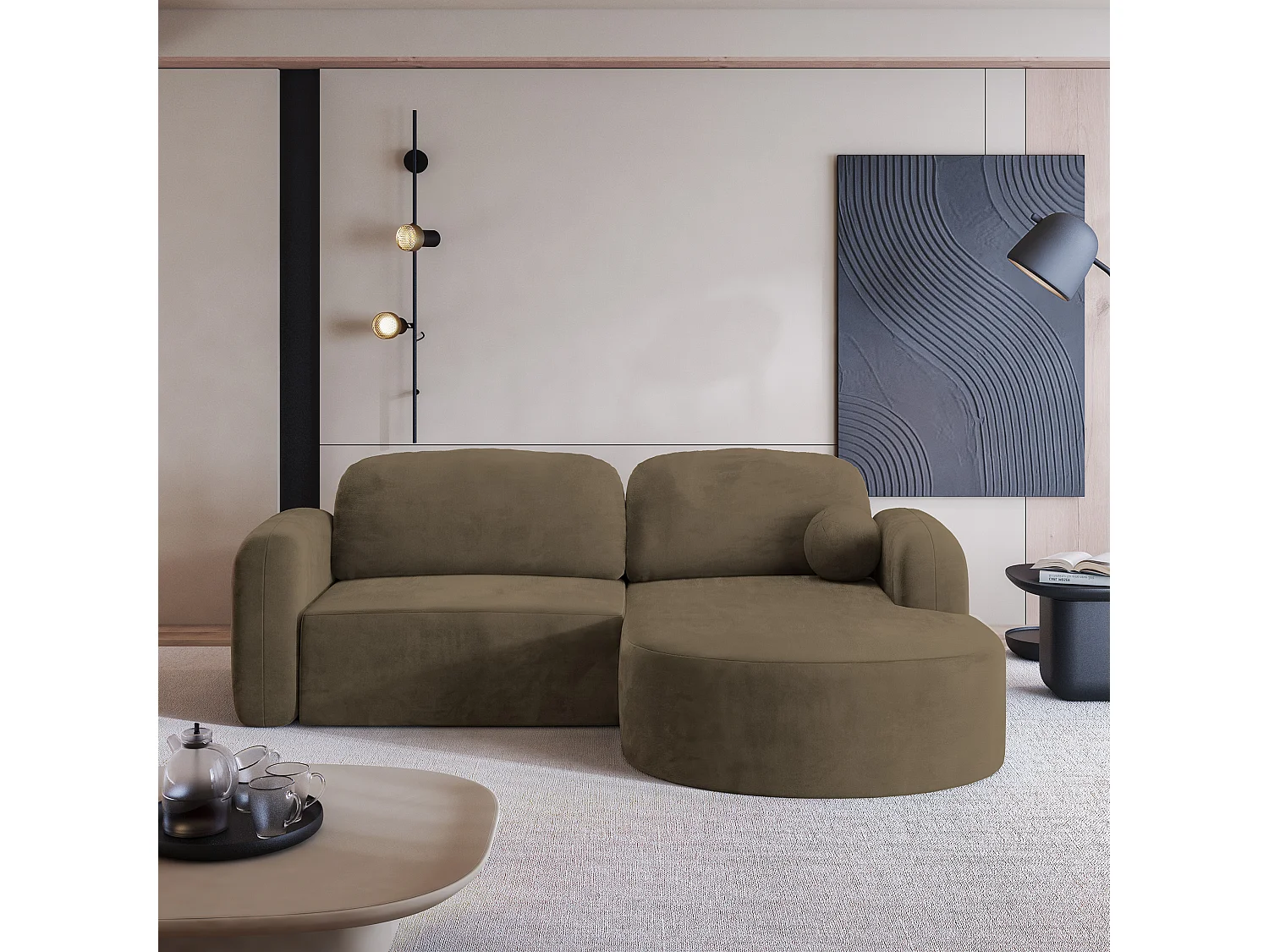 Canapé d'angle AMILIA Beige en velours avec fonction de couchage