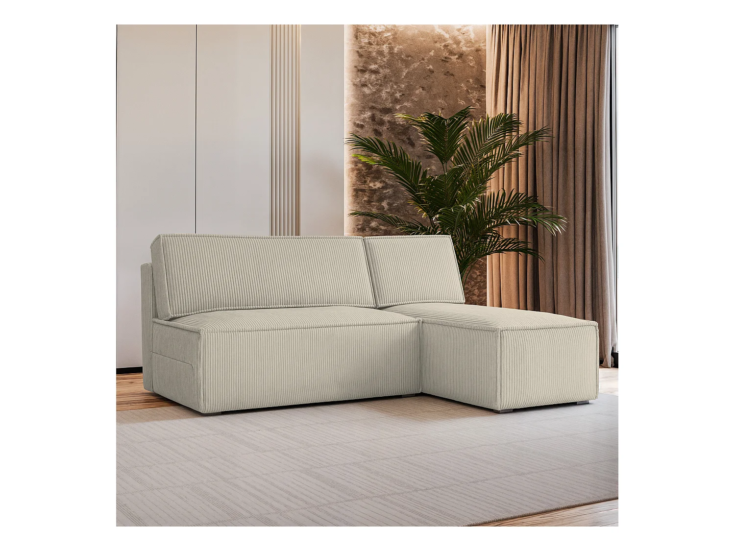 Canapé d'angle BRISO Crème en velours côtelé avec fonction de couchage