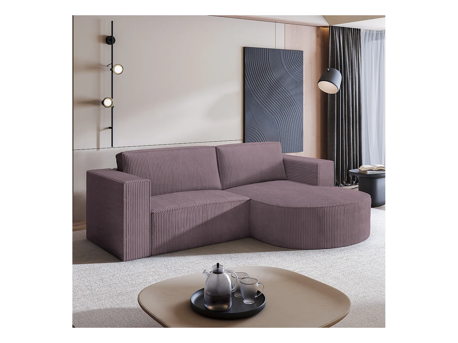 Canapé d'angle SORELA Parme en velours côtelé avec fonction de couchage