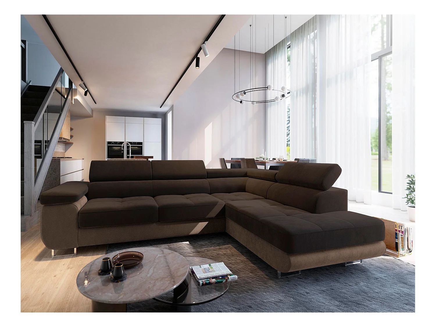 Canapé d'angle SELVA Marron en velours avec fonction de couchage