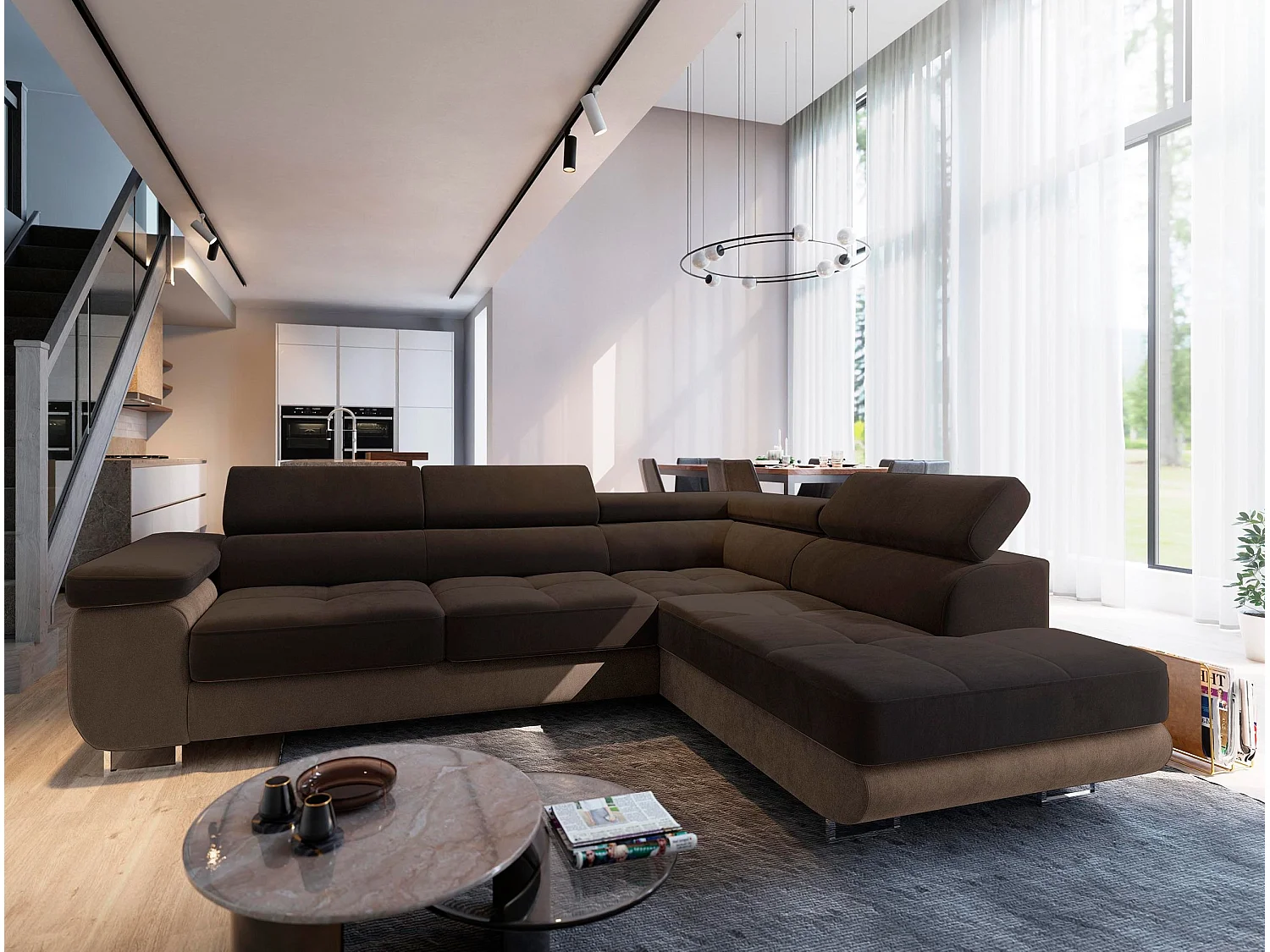 Canapé d'angle SELVA Marron en velours avec fonction de couchage