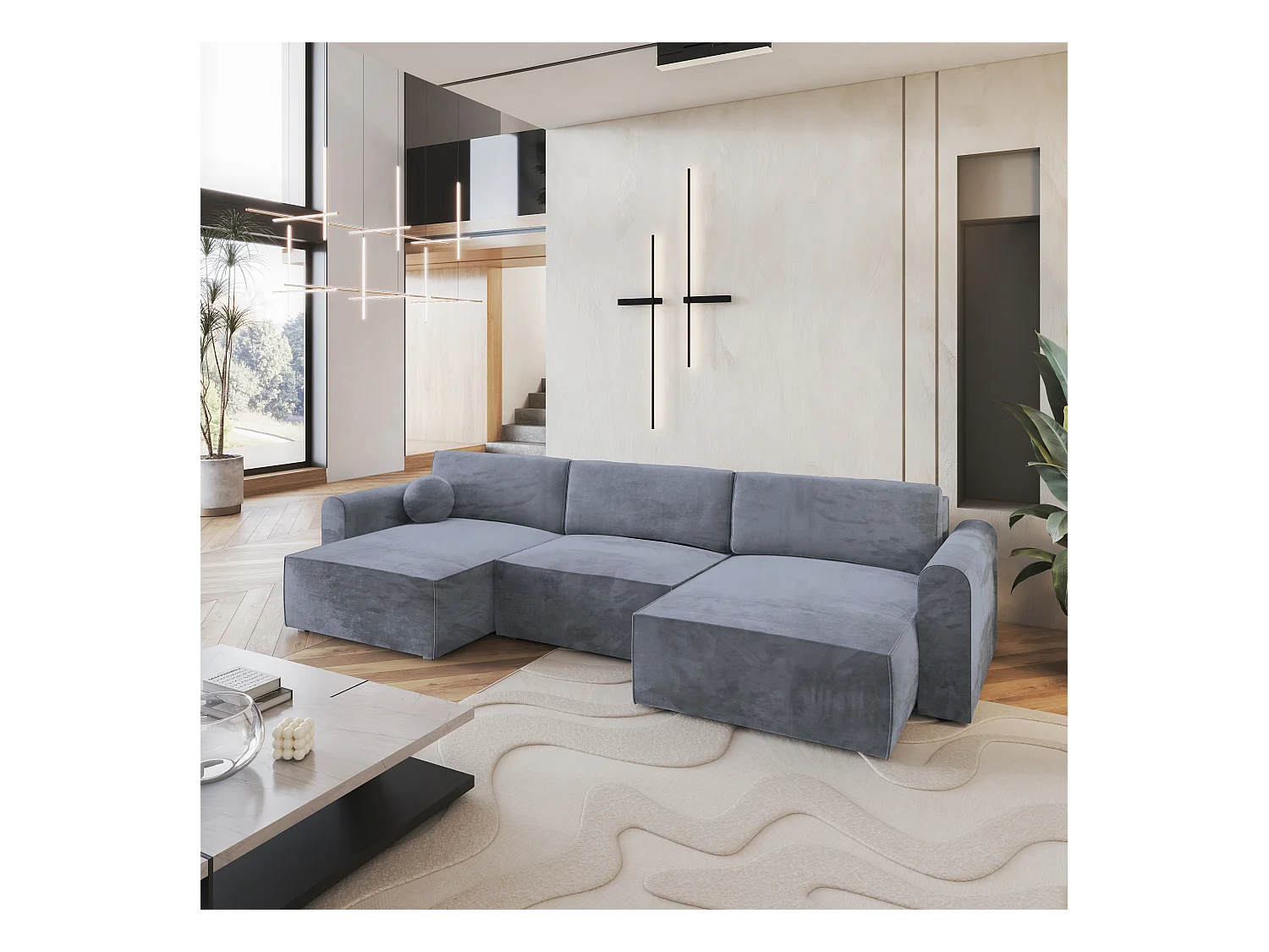 Canapé d'angle FENTO Gris en velours avec fonction de couchage