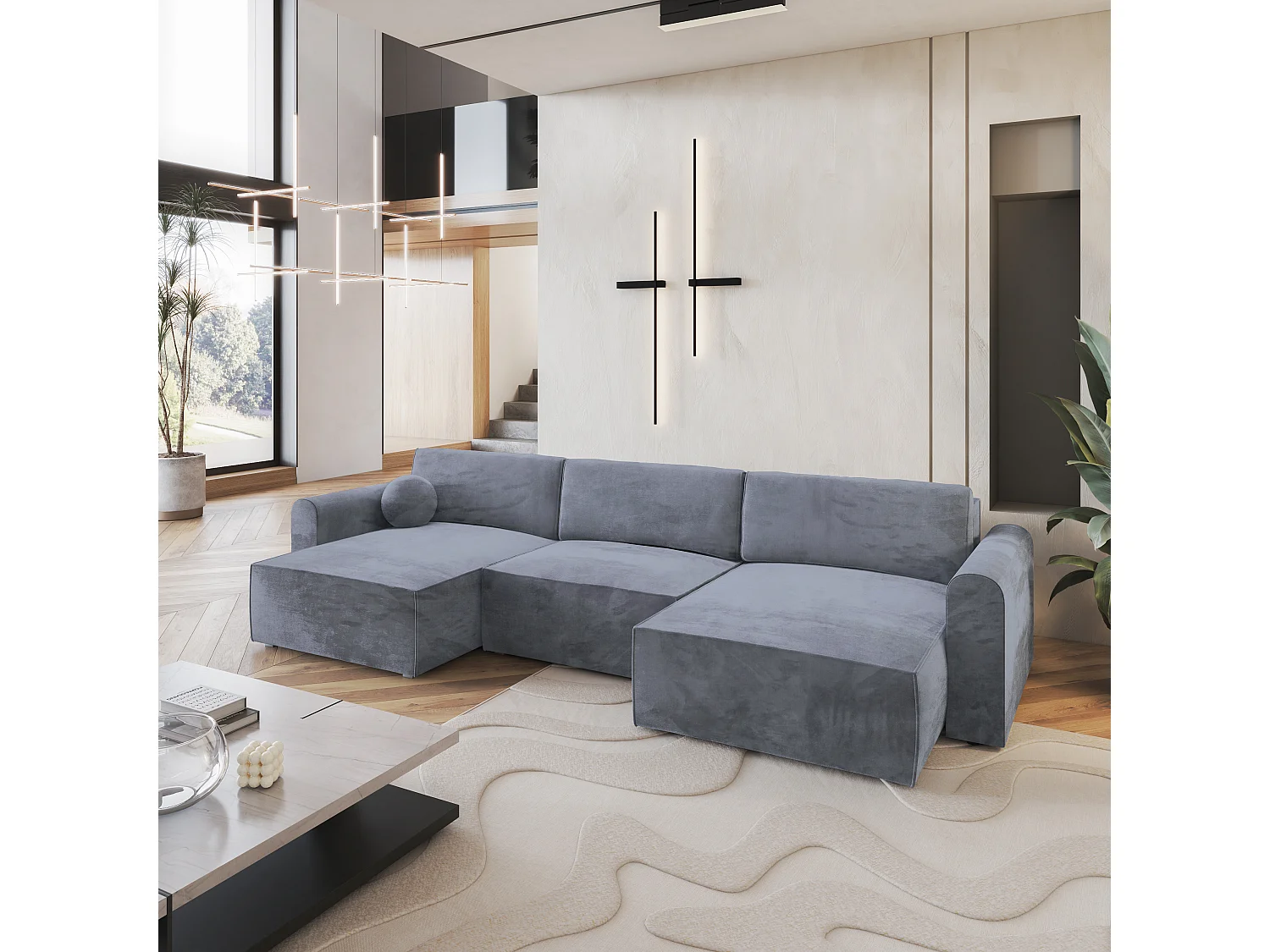 Canapé d'angle FENTO Gris en velours avec fonction de couchage