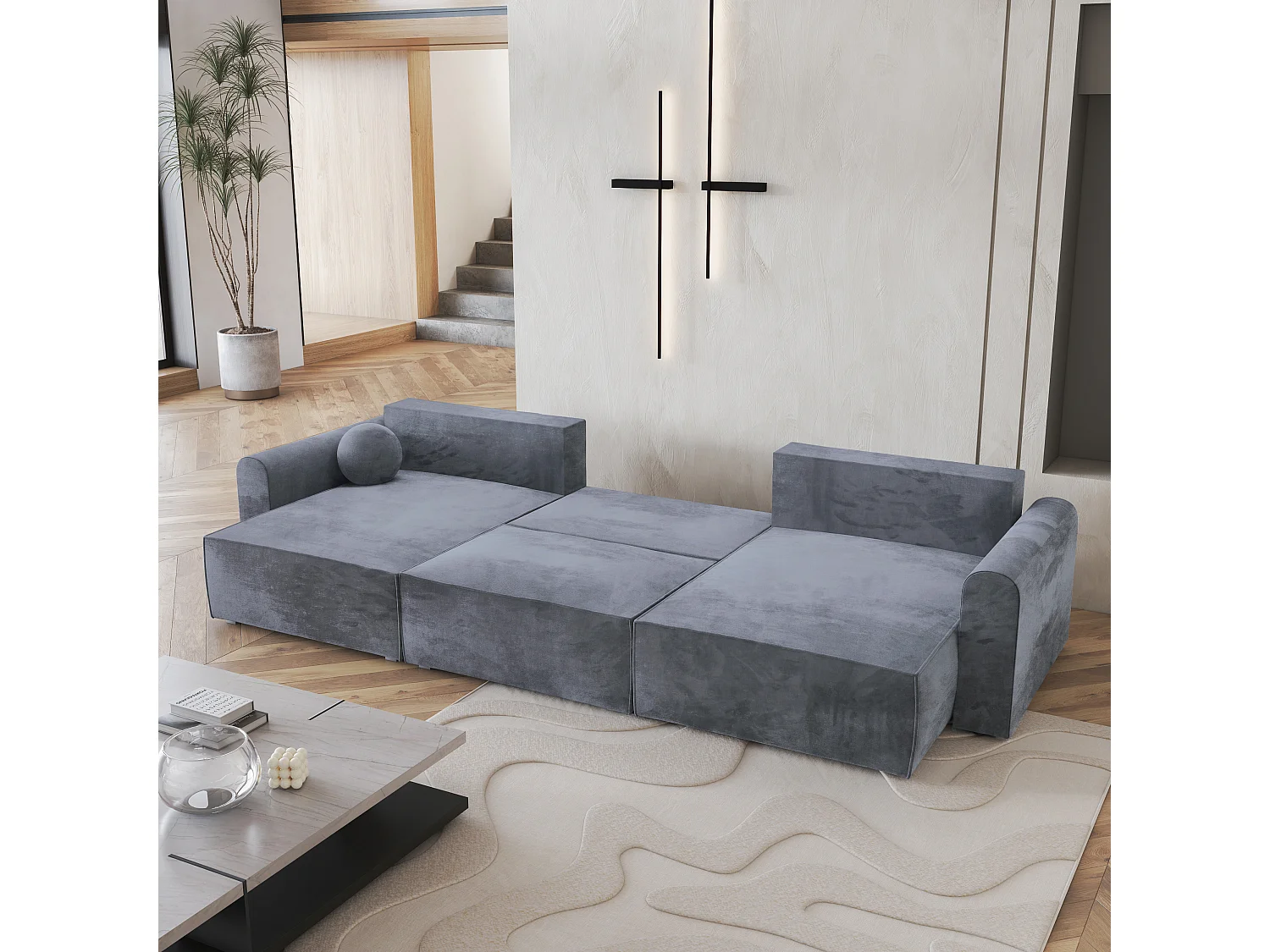 Canapé d'angle FENTO Gris en velours avec fonction de couchage
