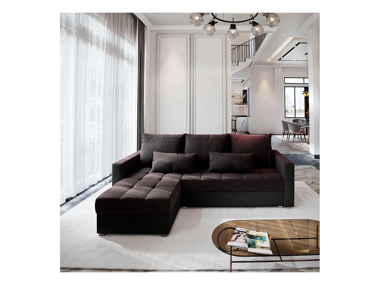 Canapé d'angle KOS PIK Gris en tissu texturé avec fonction de couchage