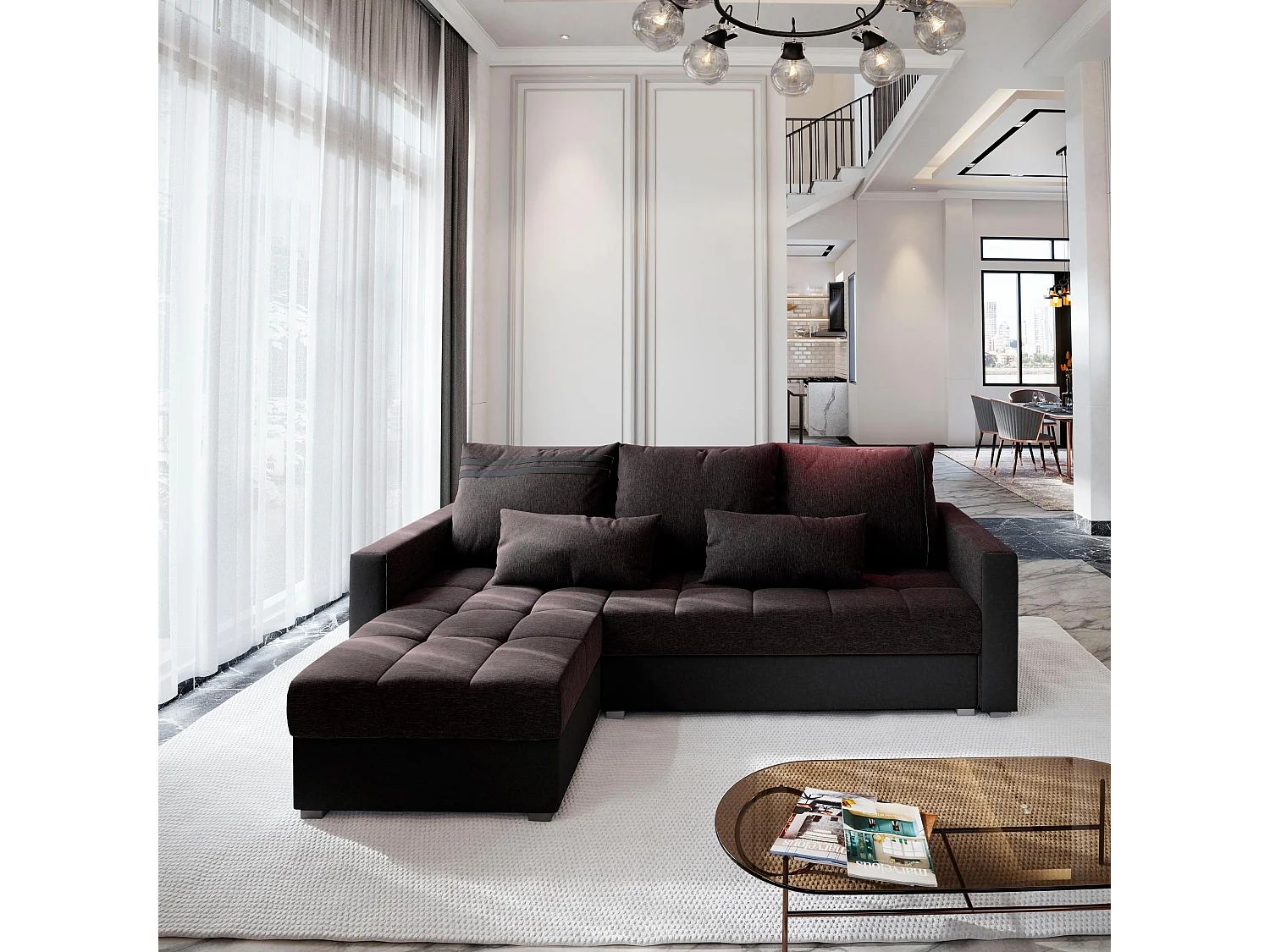 Canapé d'angle KOS PIK Gris en tissu texturé avec fonction de couchage