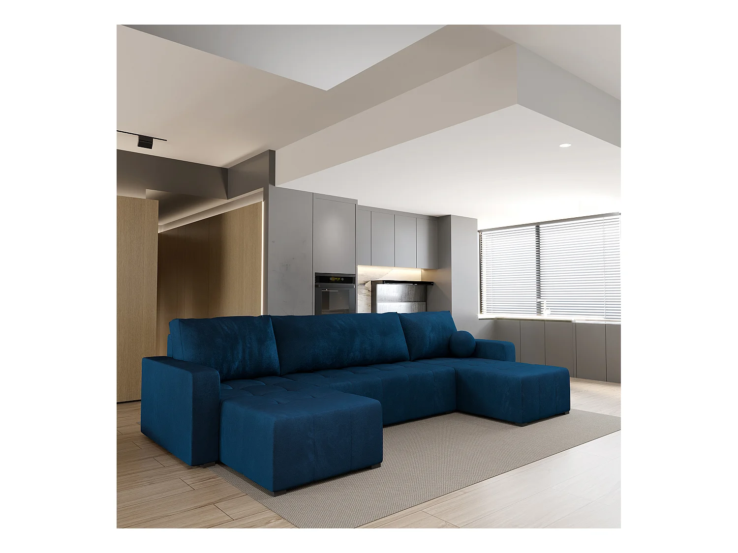 Canapé d'angle TOLARI Bleu en peluche avec fonction de couchage