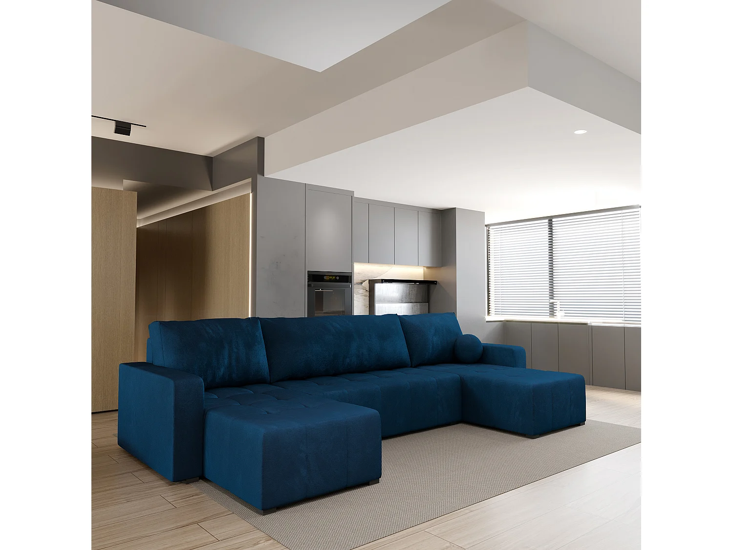 Canapé d'angle TOLARI Bleu en peluche avec fonction de couchage