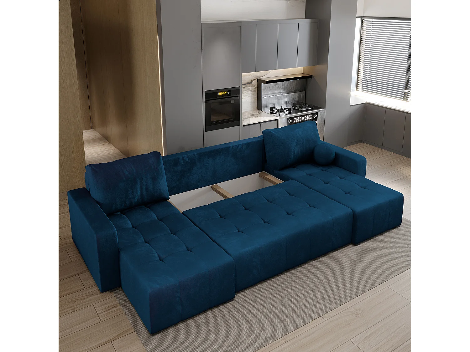 Canapé d'angle TOLARI Bleu en peluche avec fonction de couchage