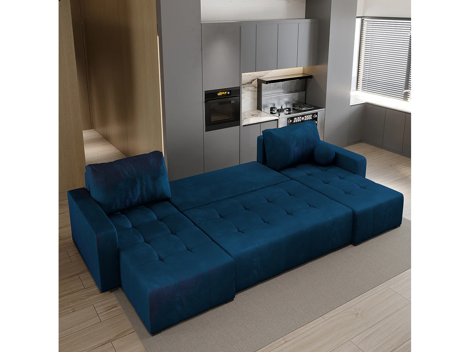 Canapé d'angle TOLARI Bleu en peluche avec fonction de couchage