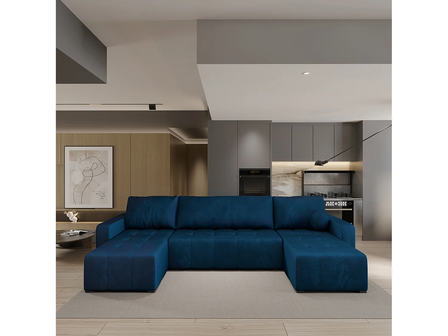 Canapé d'angle TOLARI Bleu en peluche avec fonction de couchage