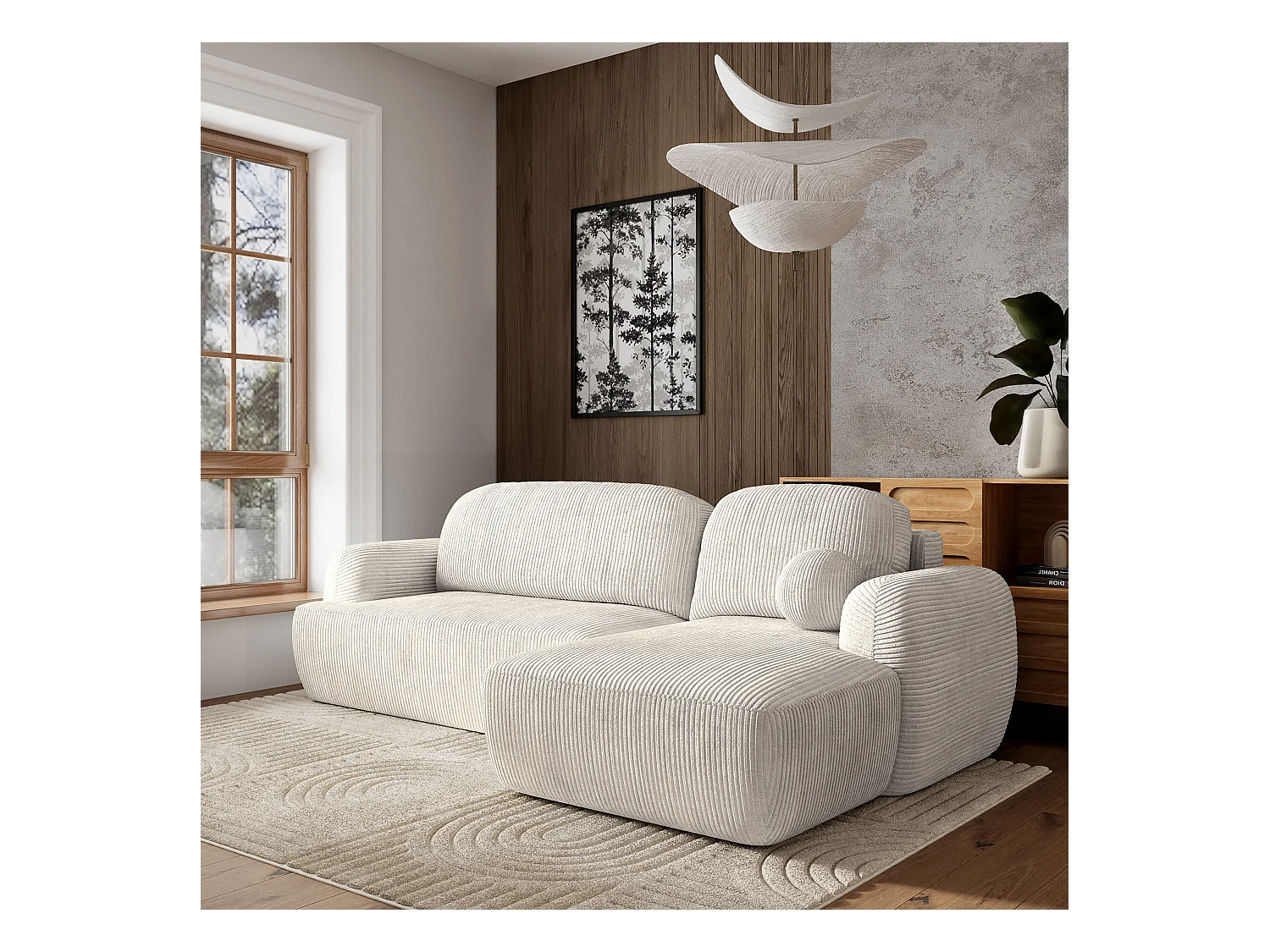 Canapé d'angle MODENZA Crème en velours côtelé avec fonction de couchage