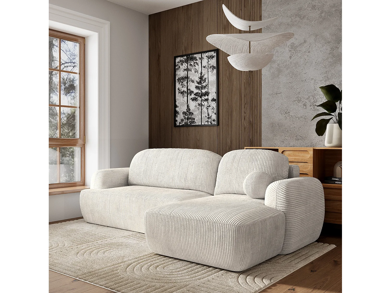 Canapé d'angle MODENZA Crème en velours côtelé avec fonction de couchage