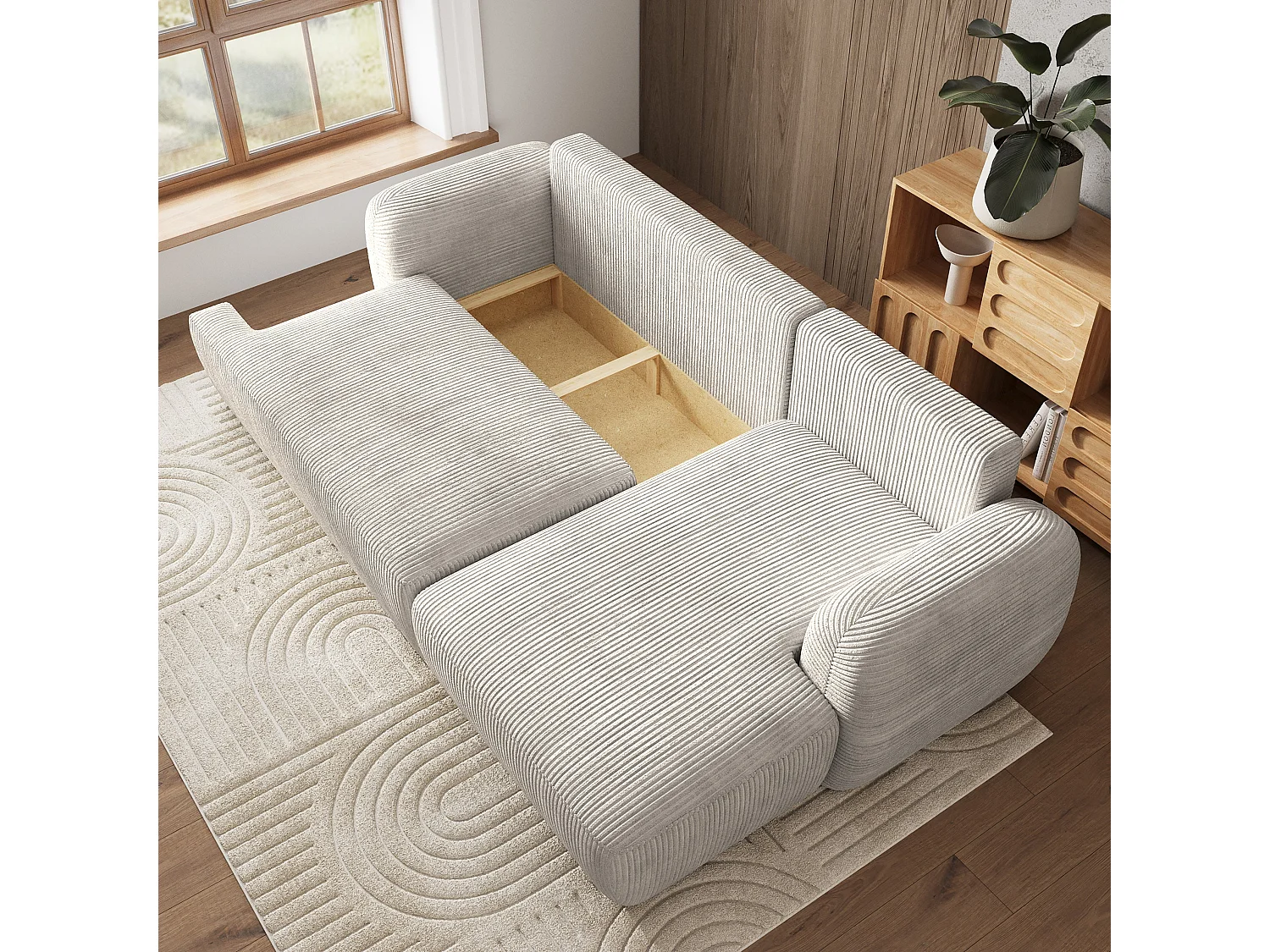 Canapé d'angle MODENZA Crème en velours côtelé avec fonction de couchage