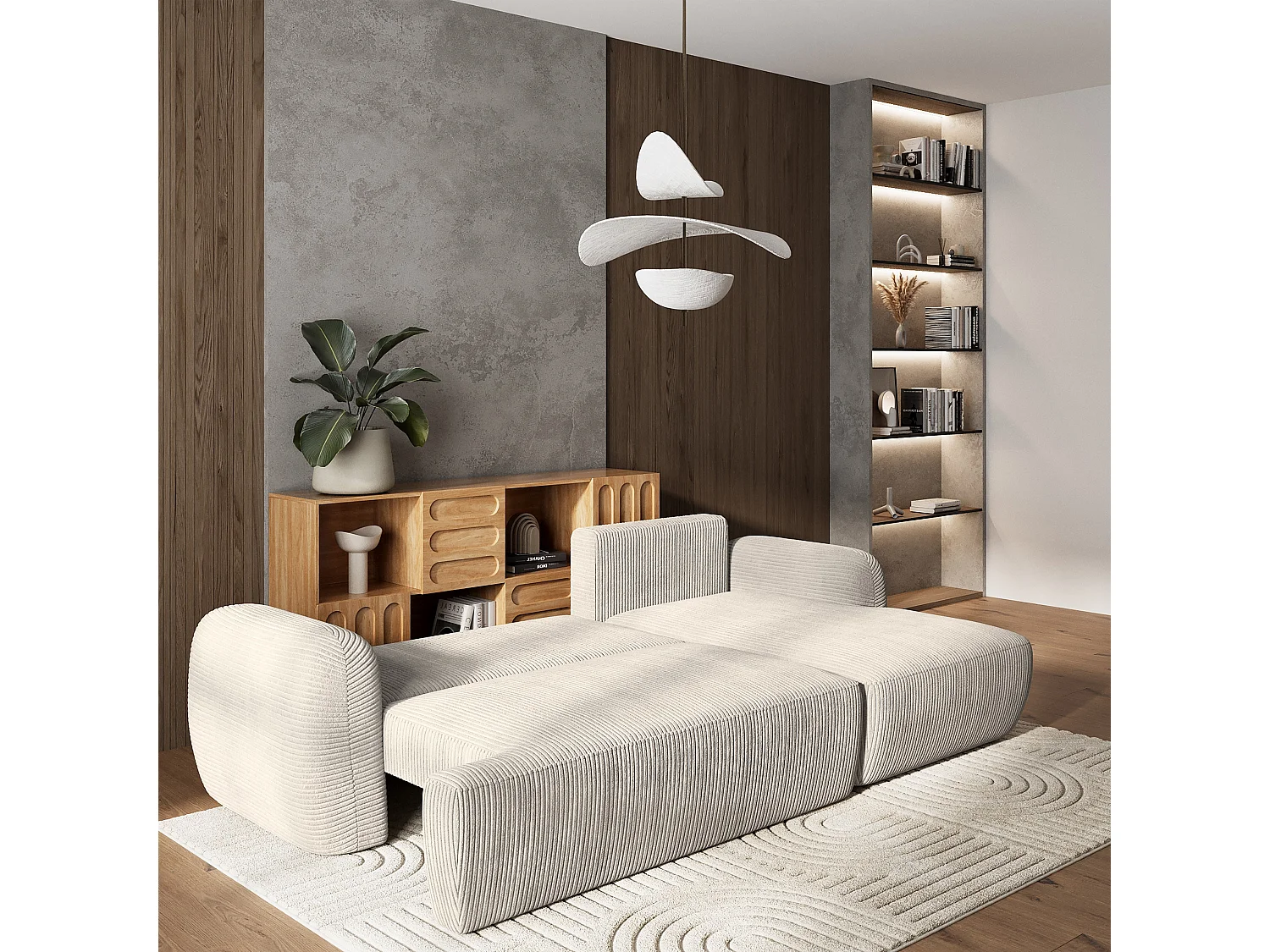 Canapé d'angle MODENZA Crème en velours côtelé avec fonction de couchage