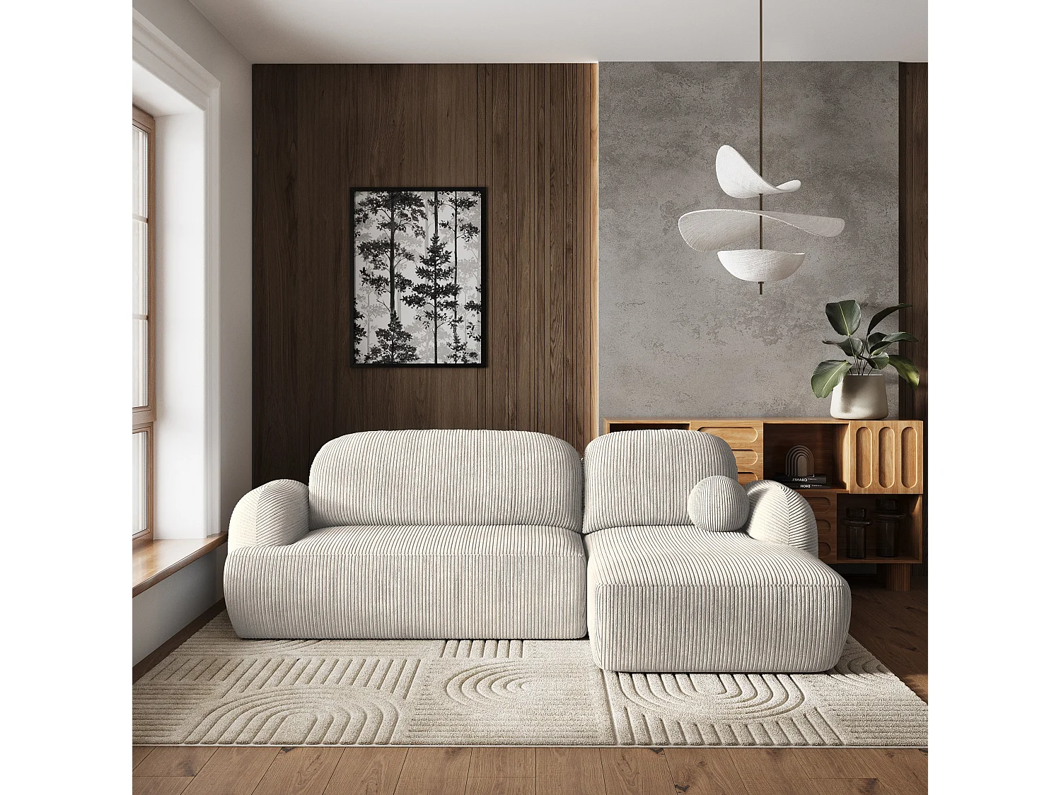 Canapé d'angle MODENZA Crème en velours côtelé avec fonction de couchage