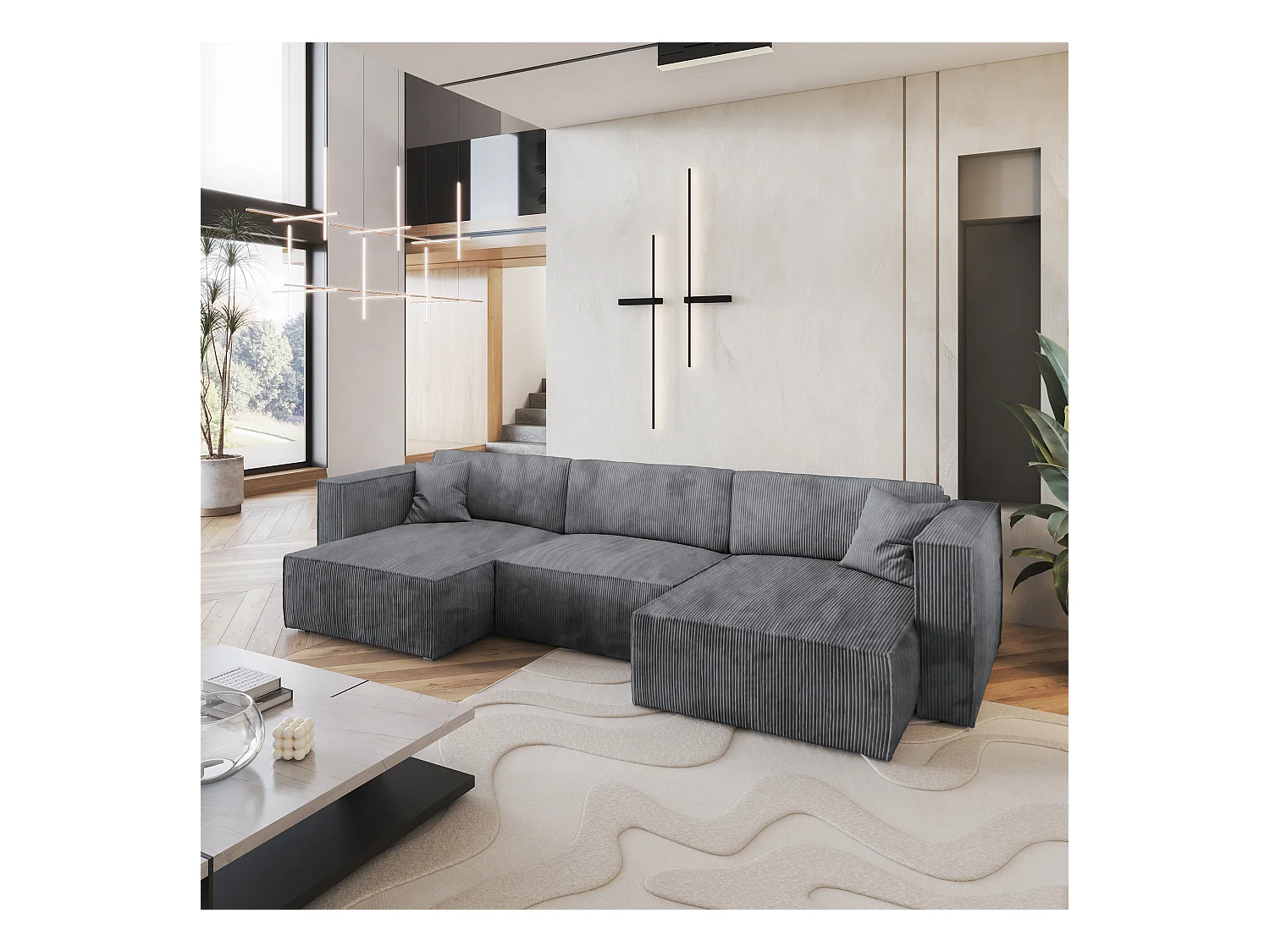 Canapé d'angle SARMO Gris en velours côtelé avec fonction de couchage