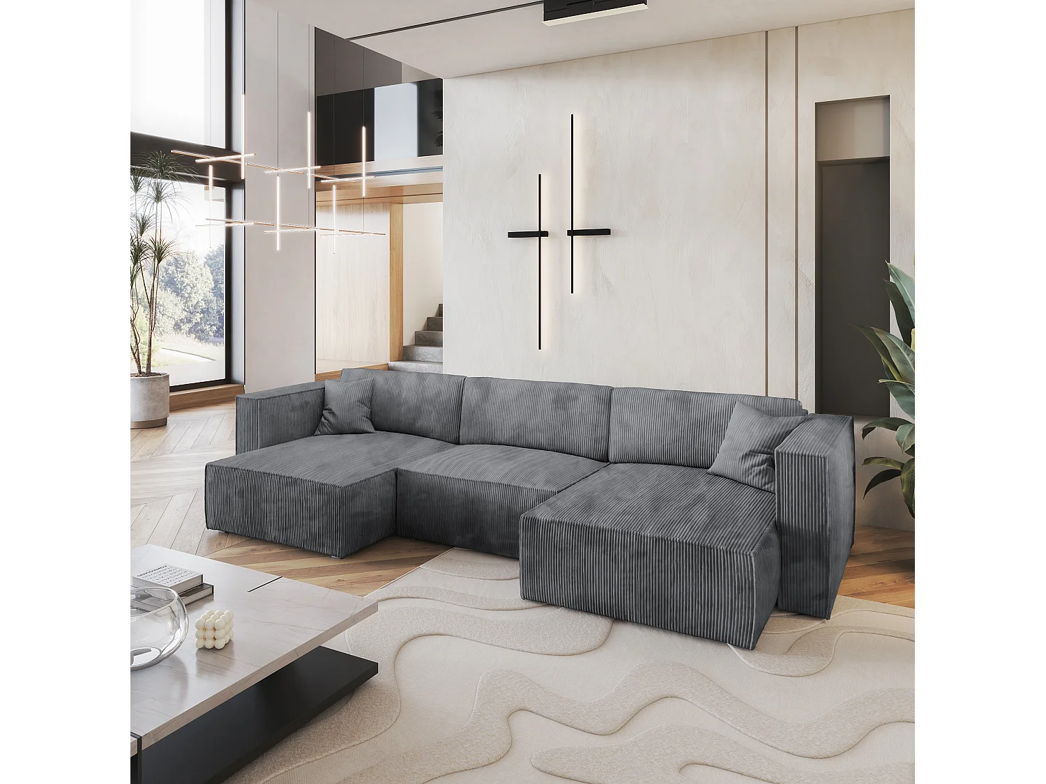 Canapé d'angle SARMO Gris en velours côtelé avec fonction de couchage