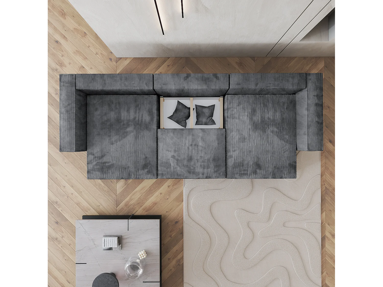 Canapé d'angle SARMO Gris en velours côtelé avec fonction de couchage