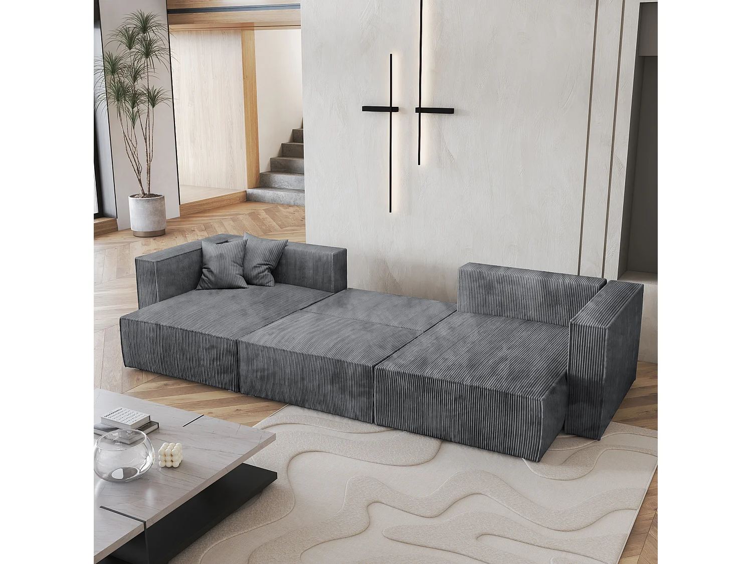 Canapé d'angle SARMO Gris en velours côtelé avec fonction de couchage