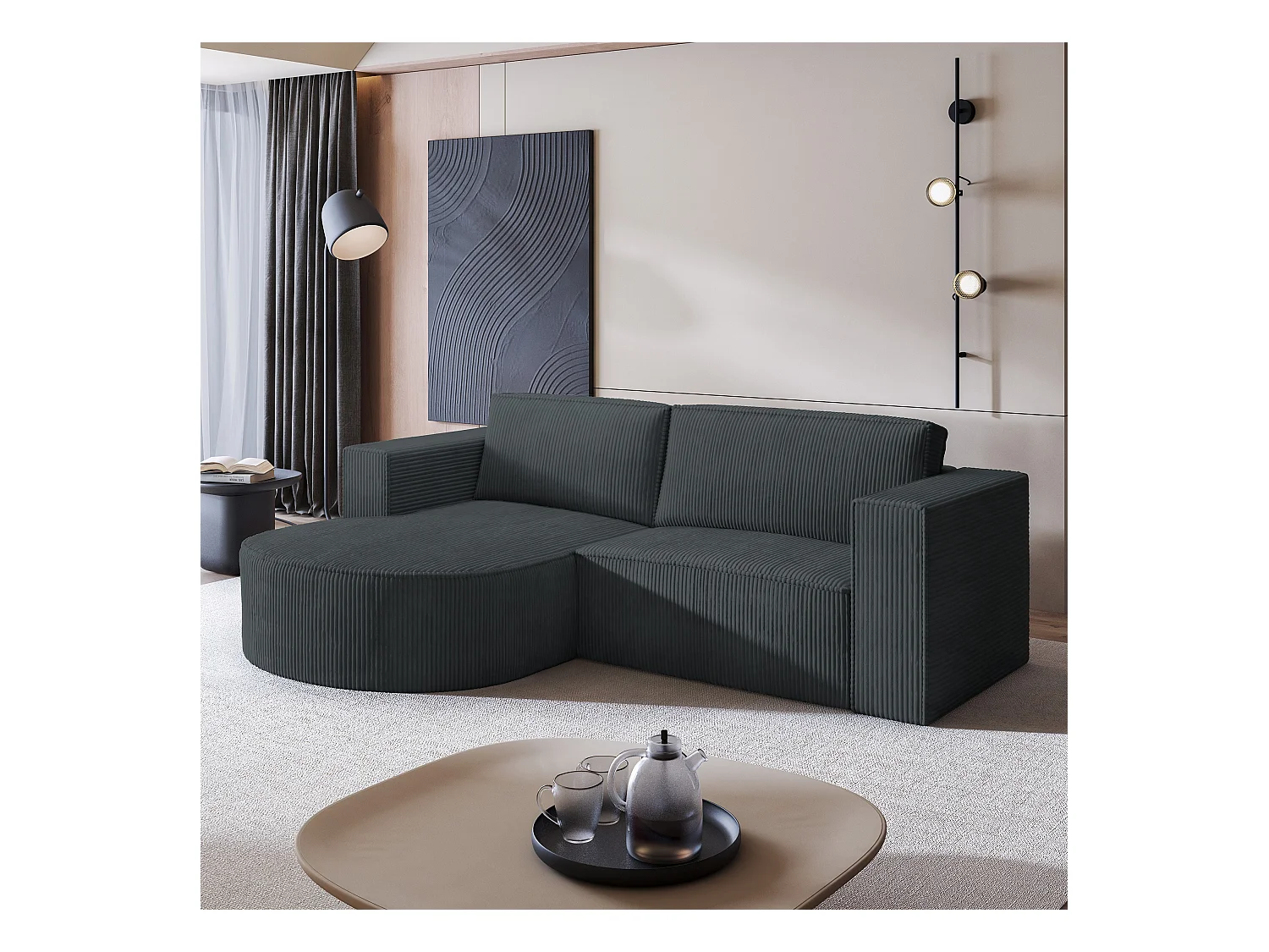 Canapé d'angle SORELA Gris anthracite en velours côtelé avec fonction de couchage