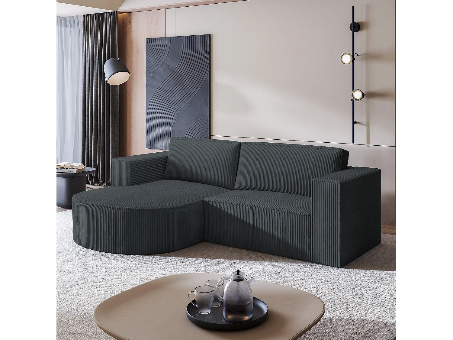 Canapé d'angle SORELA Gris anthracite en velours côtelé avec fonction de couchage