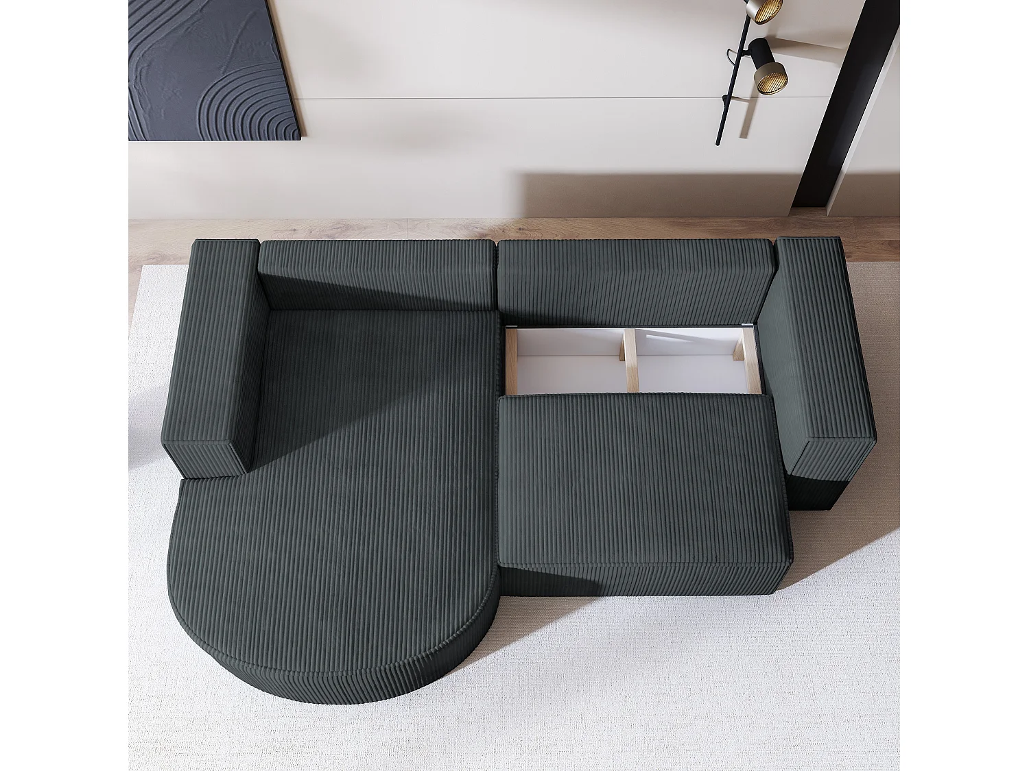 Canapé d'angle SORELA Gris anthracite en velours côtelé avec fonction de couchage