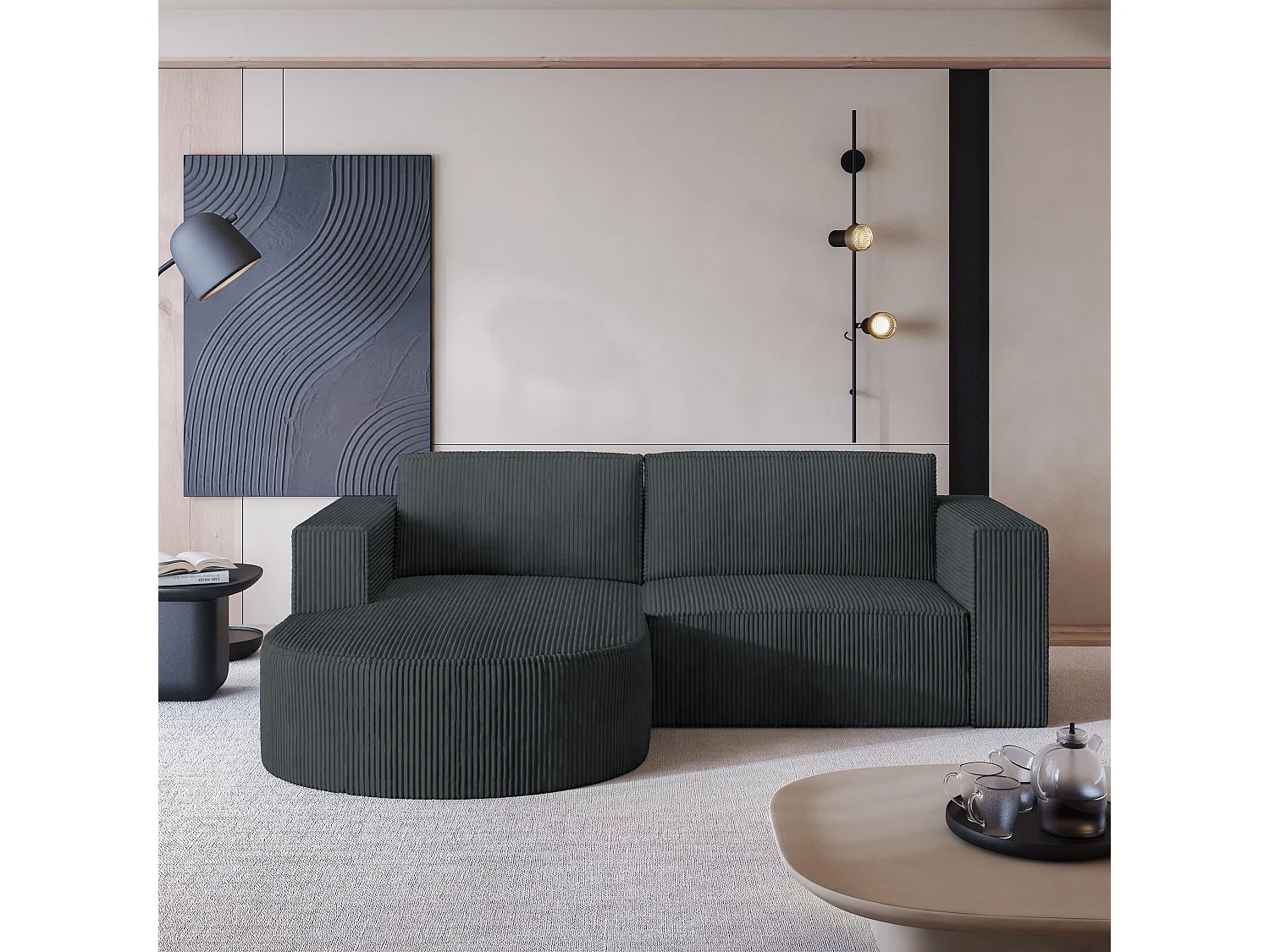 Canapé d'angle SORELA Gris anthracite en velours côtelé avec fonction de couchage