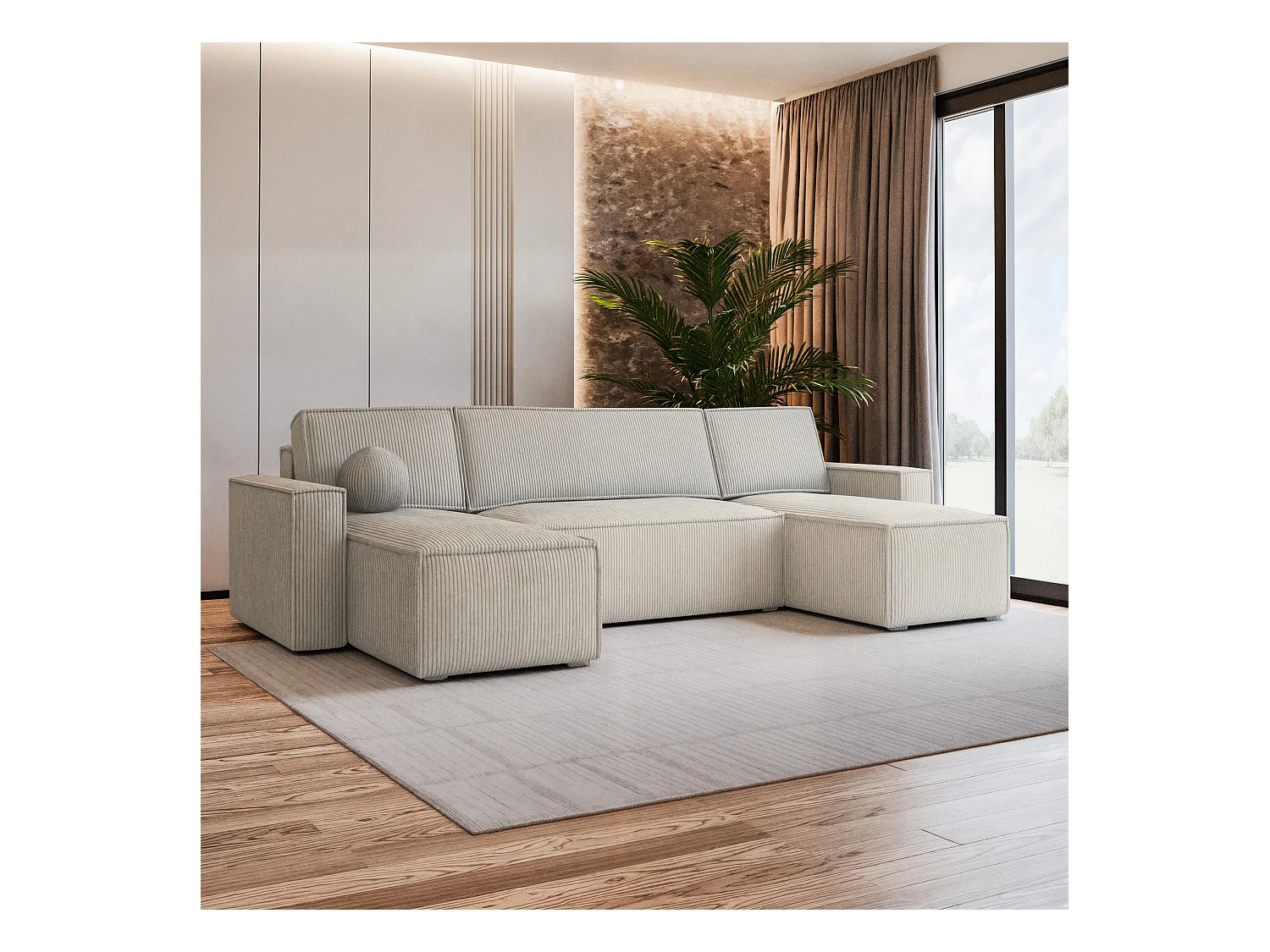 Canapé d'angle PESANO Crème en velours côtelé avec fonction de couchage