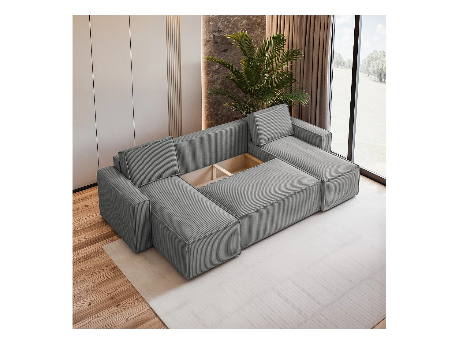 Canapé d'angle PESANO Crème en velours côtelé avec fonction de couchage