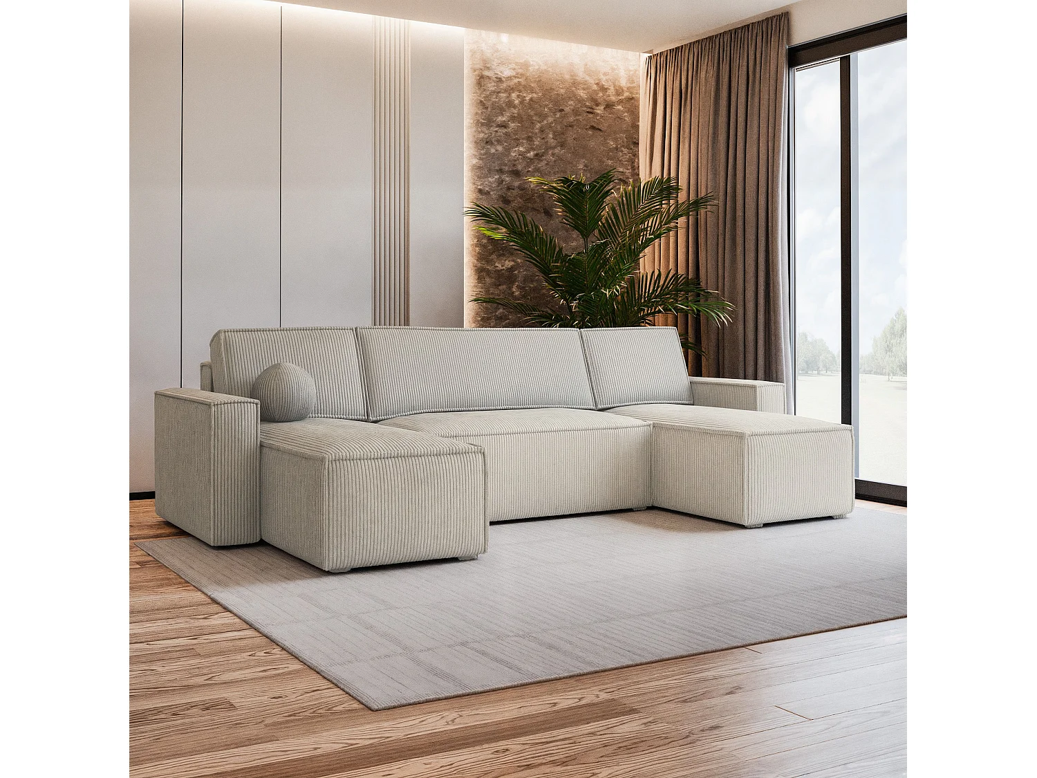 Canapé d'angle PESANO Crème en velours côtelé avec fonction de couchage
