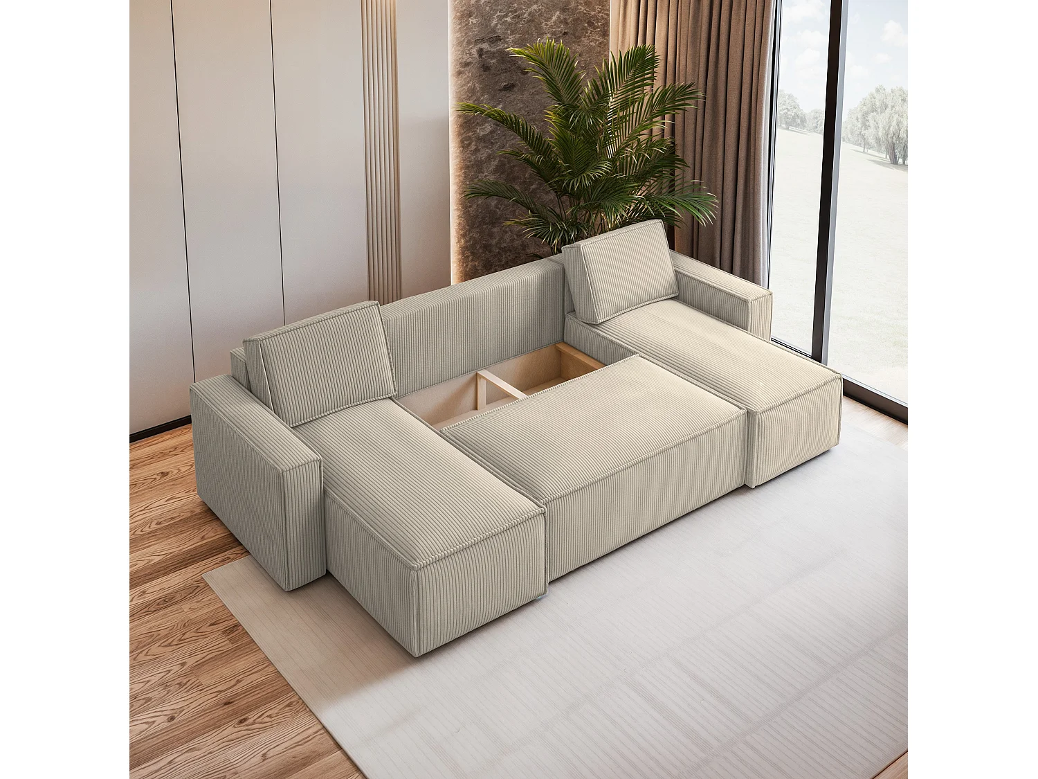 Canapé d'angle PESANO Crème en velours côtelé avec fonction de couchage