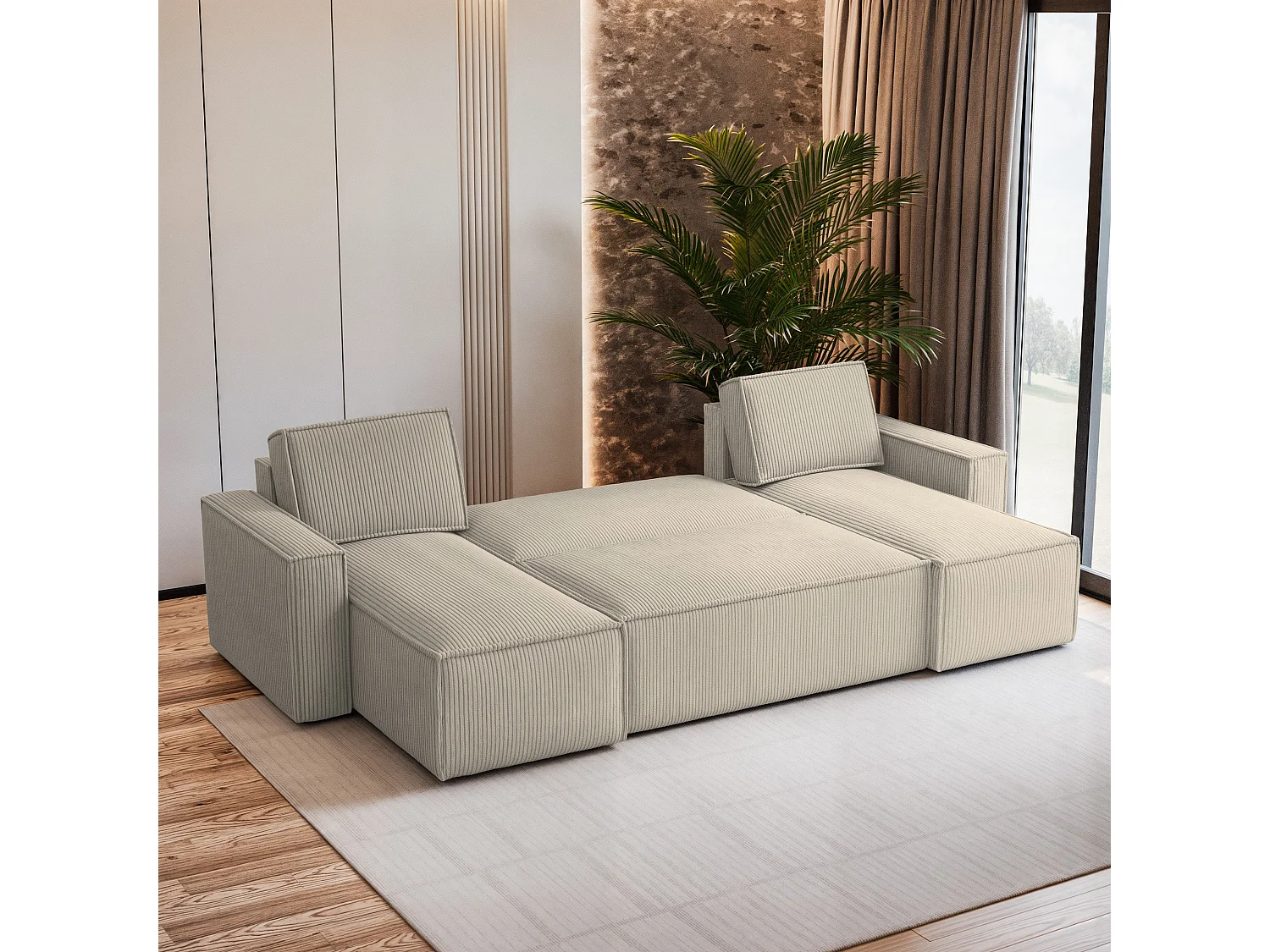 Canapé d'angle PESANO Crème en velours côtelé avec fonction de couchage