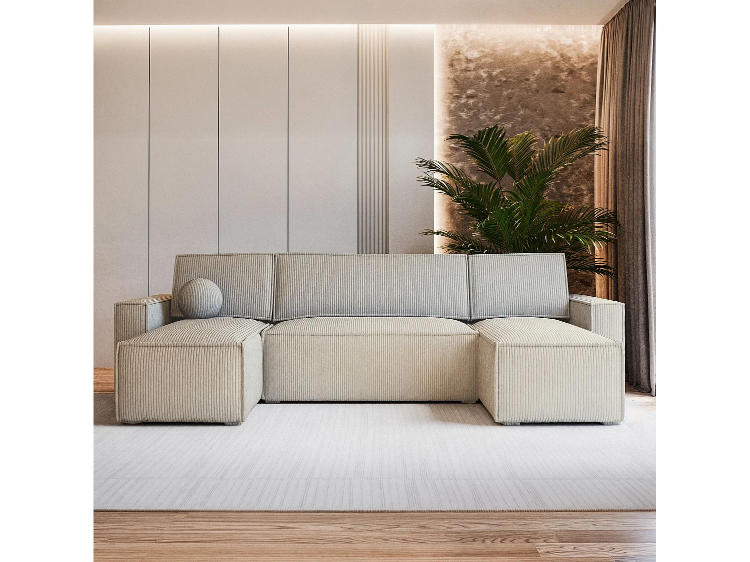 Canapé d'angle PESANO Crème en velours côtelé avec fonction de couchage