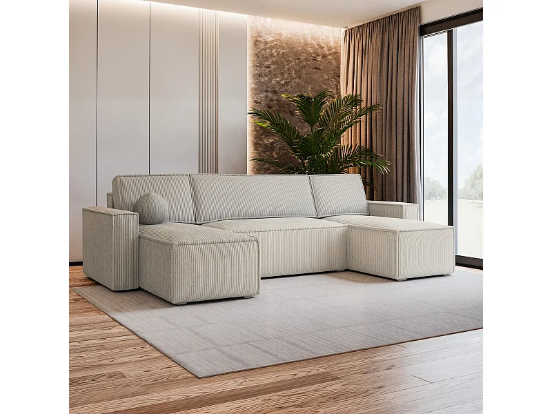 Canapé d'angle PESANO Crème en velours côtelé avec fonction de couchage