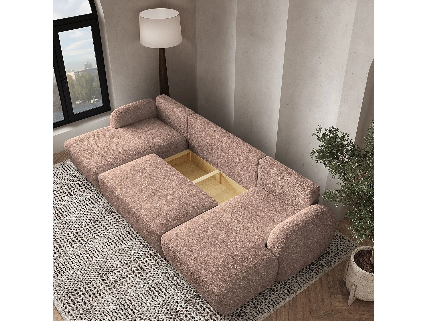 Canapé d'angle SAVONA Rose poudré en bouclé avec fonction de couchage