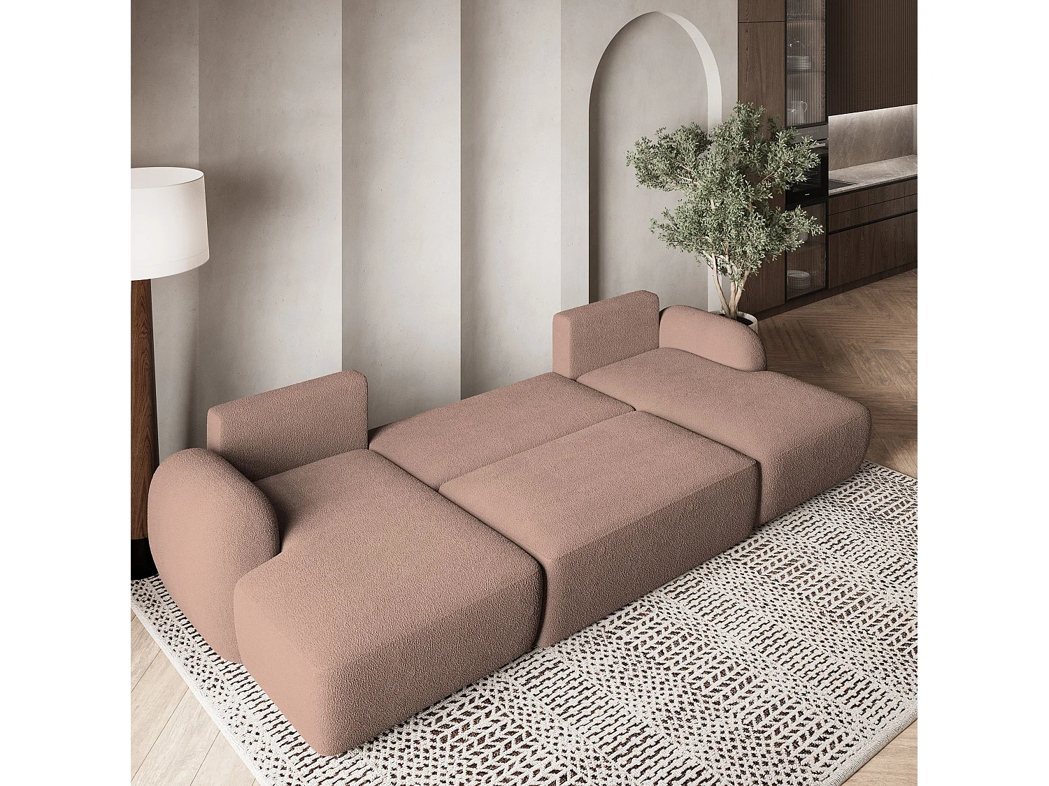 Canapé d'angle SAVONA Rose poudré en bouclé avec fonction de couchage