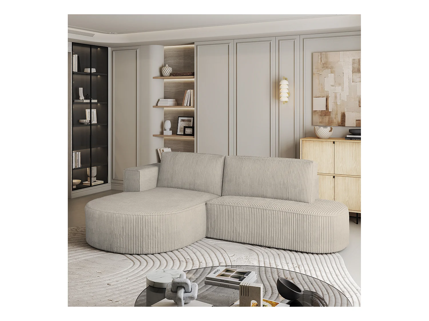 Canapé d'angle CORTIO Crème en velours côtelé avec fonction de couchage