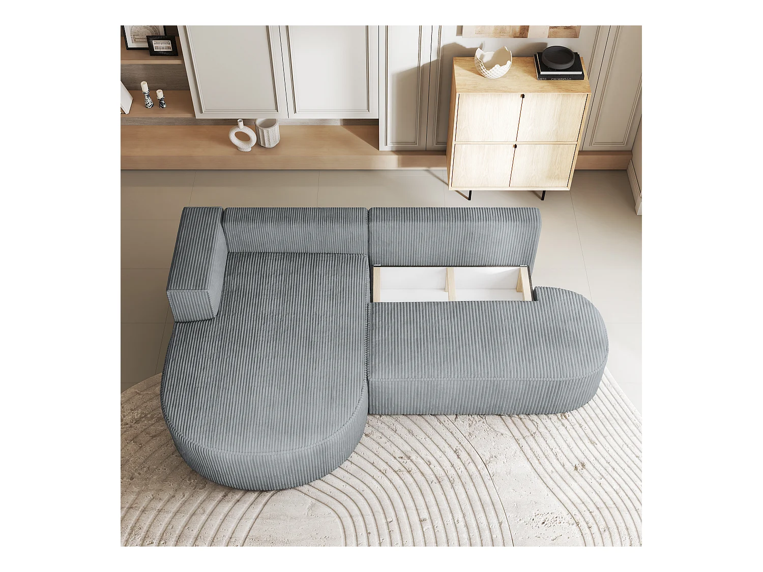 Canapé d'angle CORTIO Crème en velours côtelé avec fonction de couchage