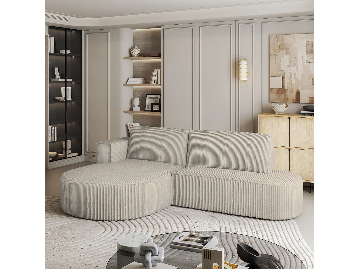 Canapé d'angle CORTIO Crème en velours côtelé avec fonction de couchage